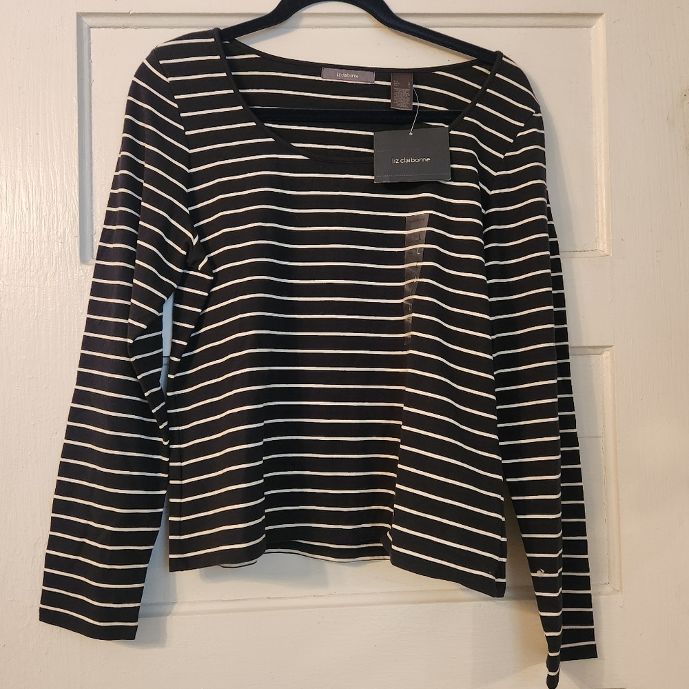 Liz Claiborne Top Navy White Striped Scoop Neck Cotton t-shirt Sz L NWT Nautical